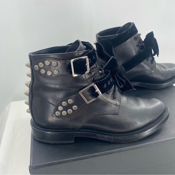SAINT LAURENT Spike Studded Black Leather Combat Ankle Boots - Picture 6 of 12